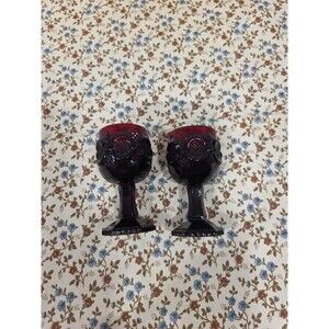 2- Avon Red Glass‎ Goblets Thumbprint Grape Vine Wine Glasses Drinkware